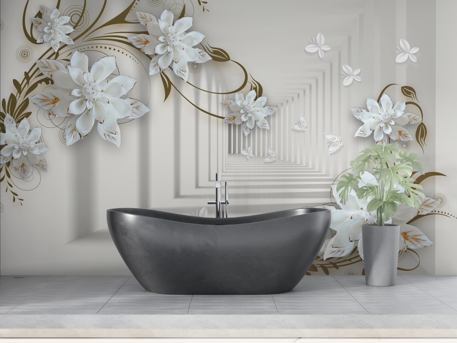 Fotobehang langs het panorama van de tunnel strekken gouden takken van magnolia's zich uit