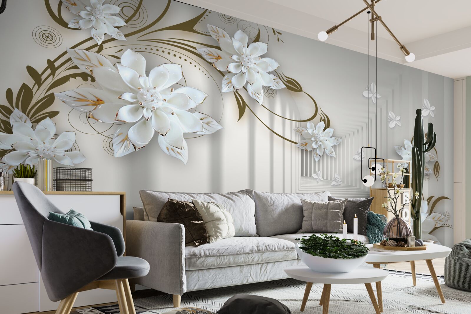 Fotobehang langs het panorama van de tunnel strekken gouden takken van magnolia's zich uit