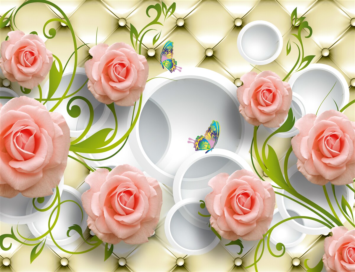 Fotobehang een roze roos op een beige achtergrond op een tak