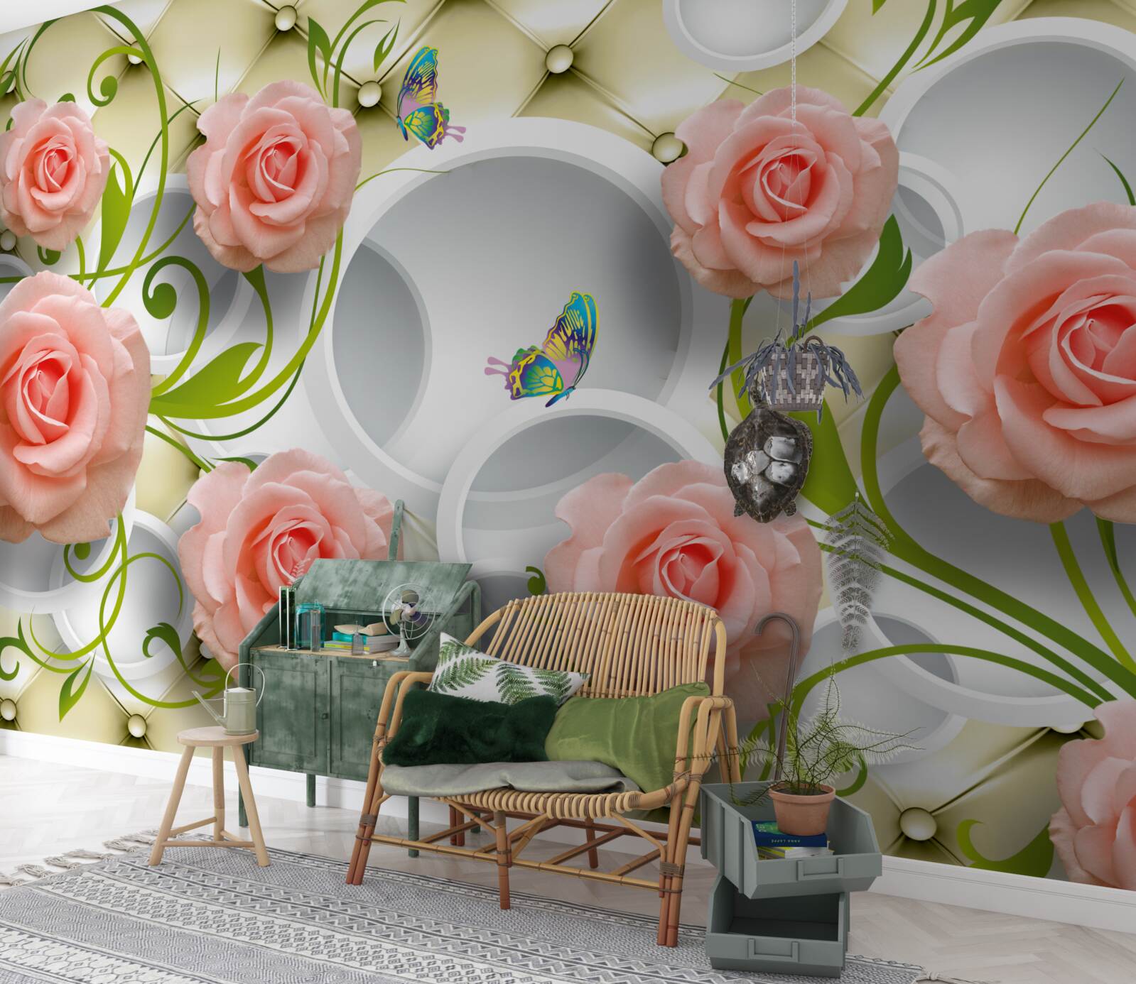 Fotobehang een roze roos op een beige achtergrond op een tak