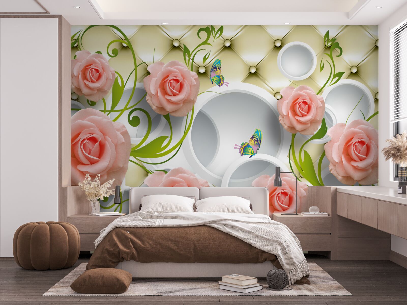 Fotobehang een roze roos op een beige achtergrond op een tak