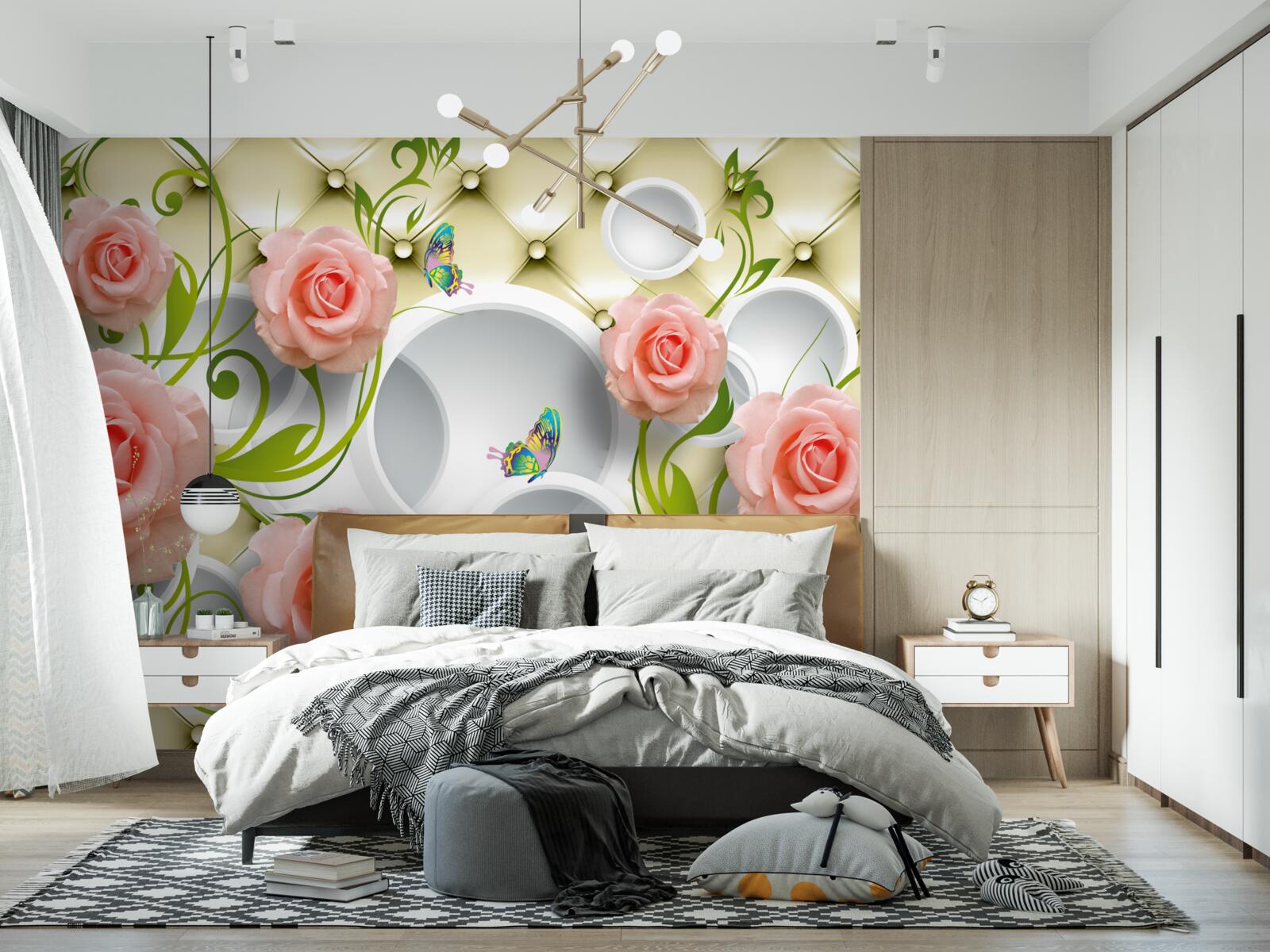 Fotobehang een roze roos op een beige achtergrond op een tak