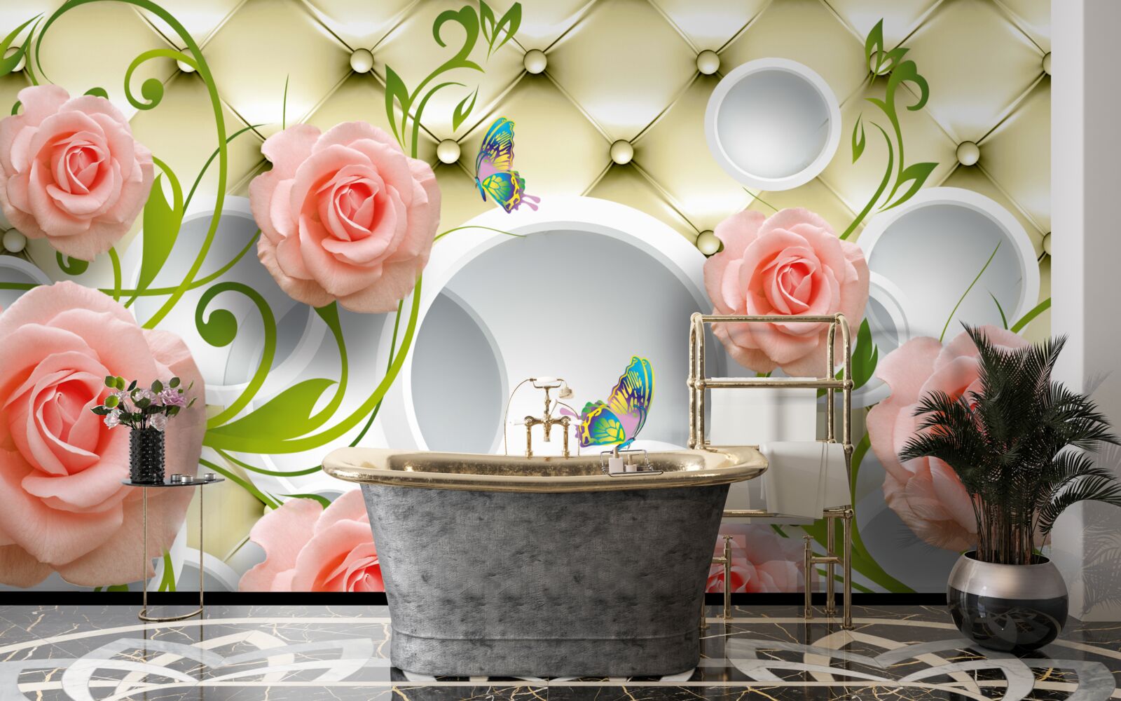 Fotobehang een roze roos op een beige achtergrond op een tak