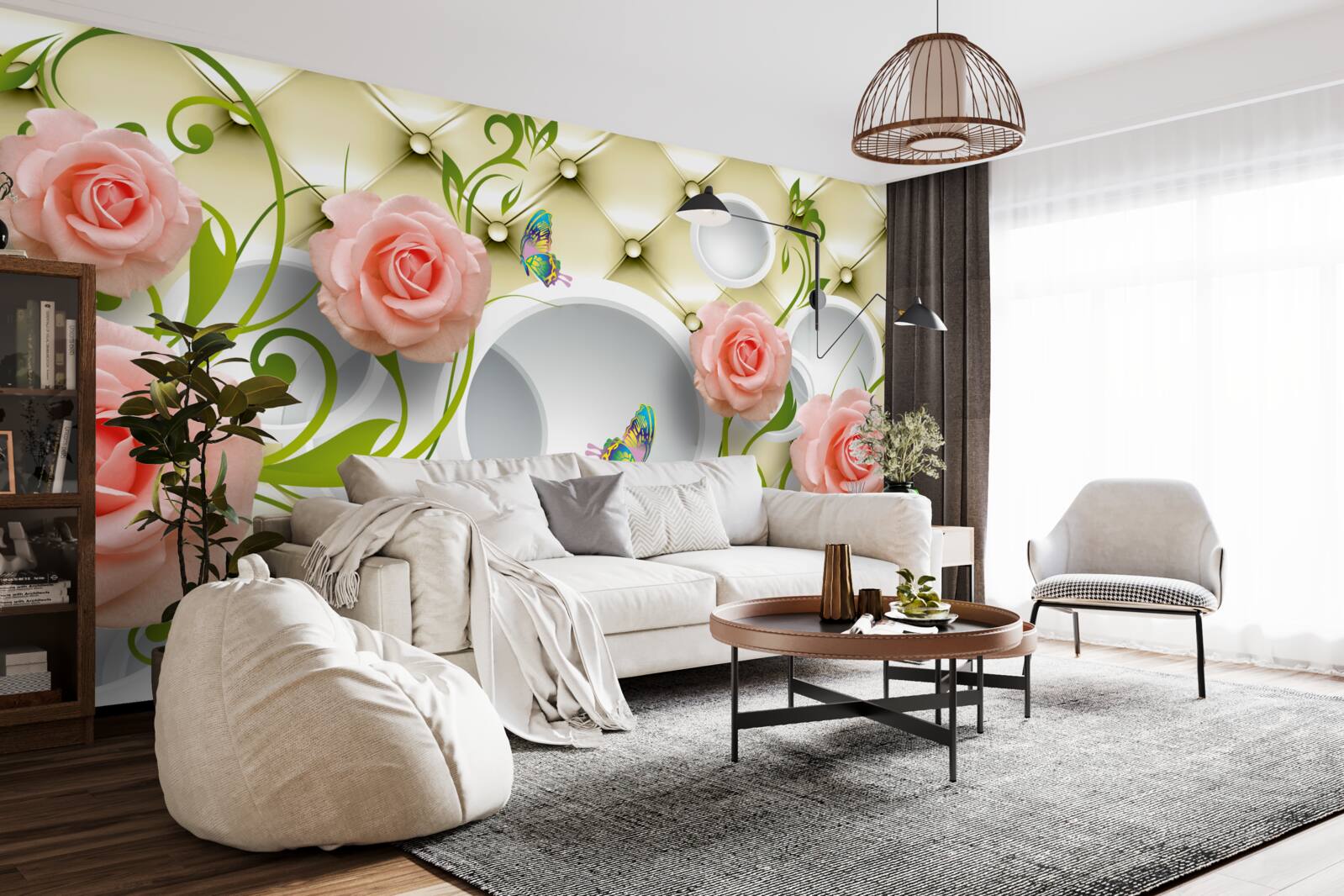 Fotobehang een roze roos op een beige achtergrond op een tak