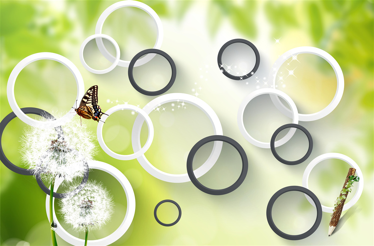 Fotobehang tegen een achtergrond van groene vegetatie zie je wit melkkruid en rusteloze vlinders