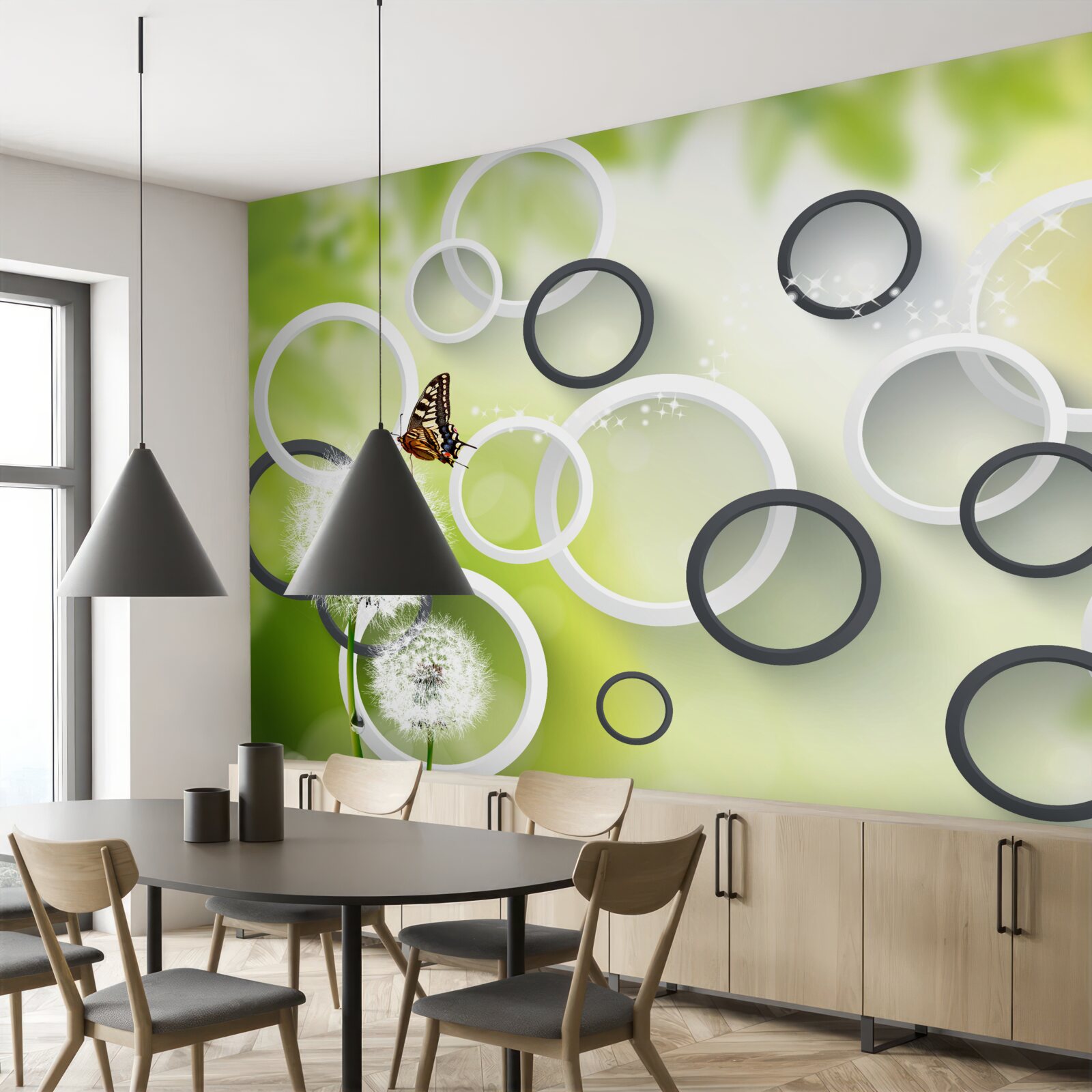 Fotobehang tegen een achtergrond van groene vegetatie zie je wit melkkruid en rusteloze vlinders