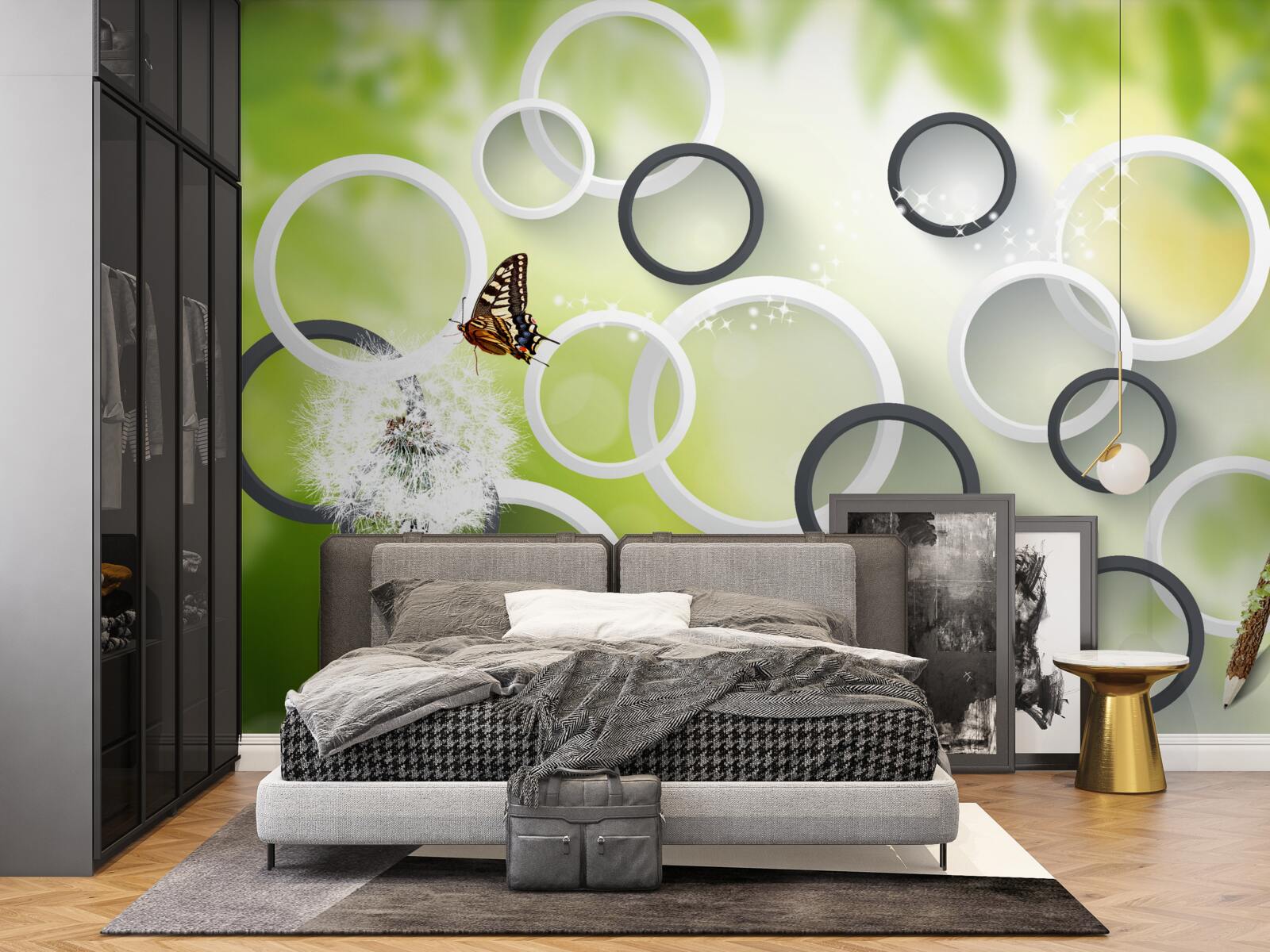 Fotobehang tegen een achtergrond van groene vegetatie zie je wit melkkruid en rusteloze vlinders