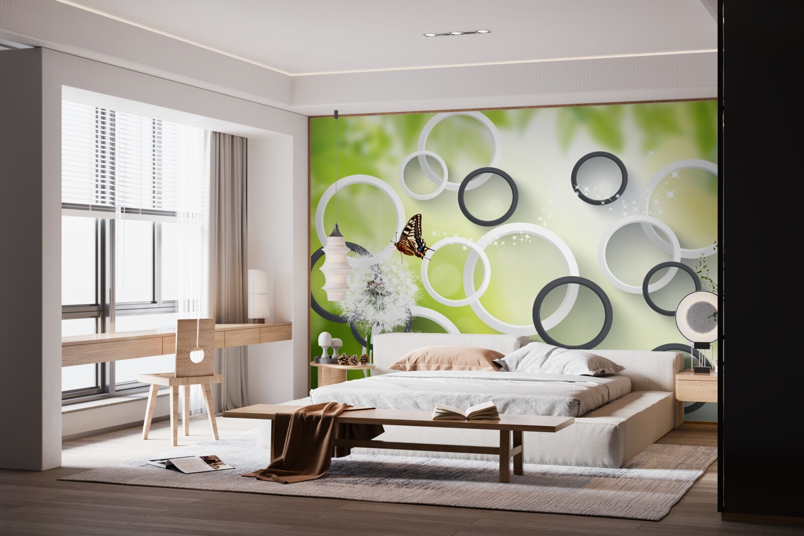 Fotobehang tegen een achtergrond van groene vegetatie zie je wit melkkruid en rusteloze vlinders