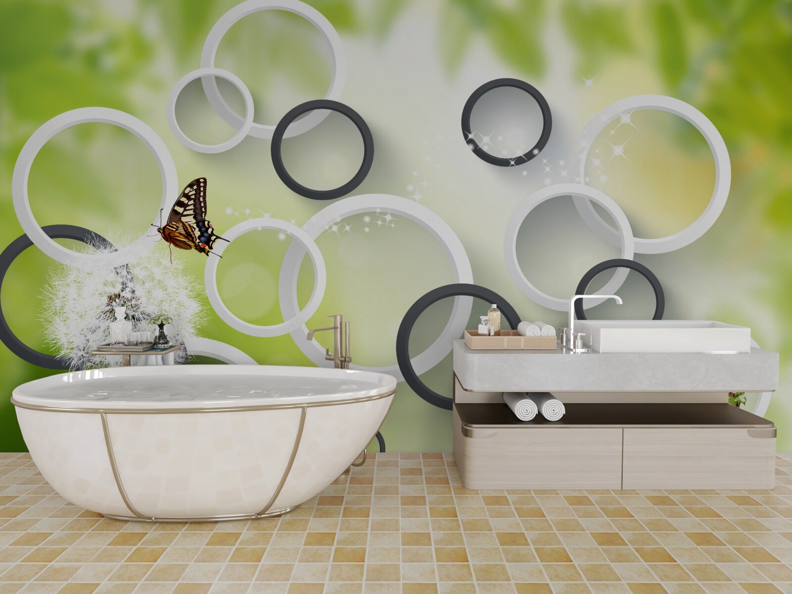 Fotobehang tegen een achtergrond van groene vegetatie zie je wit melkkruid en rusteloze vlinders