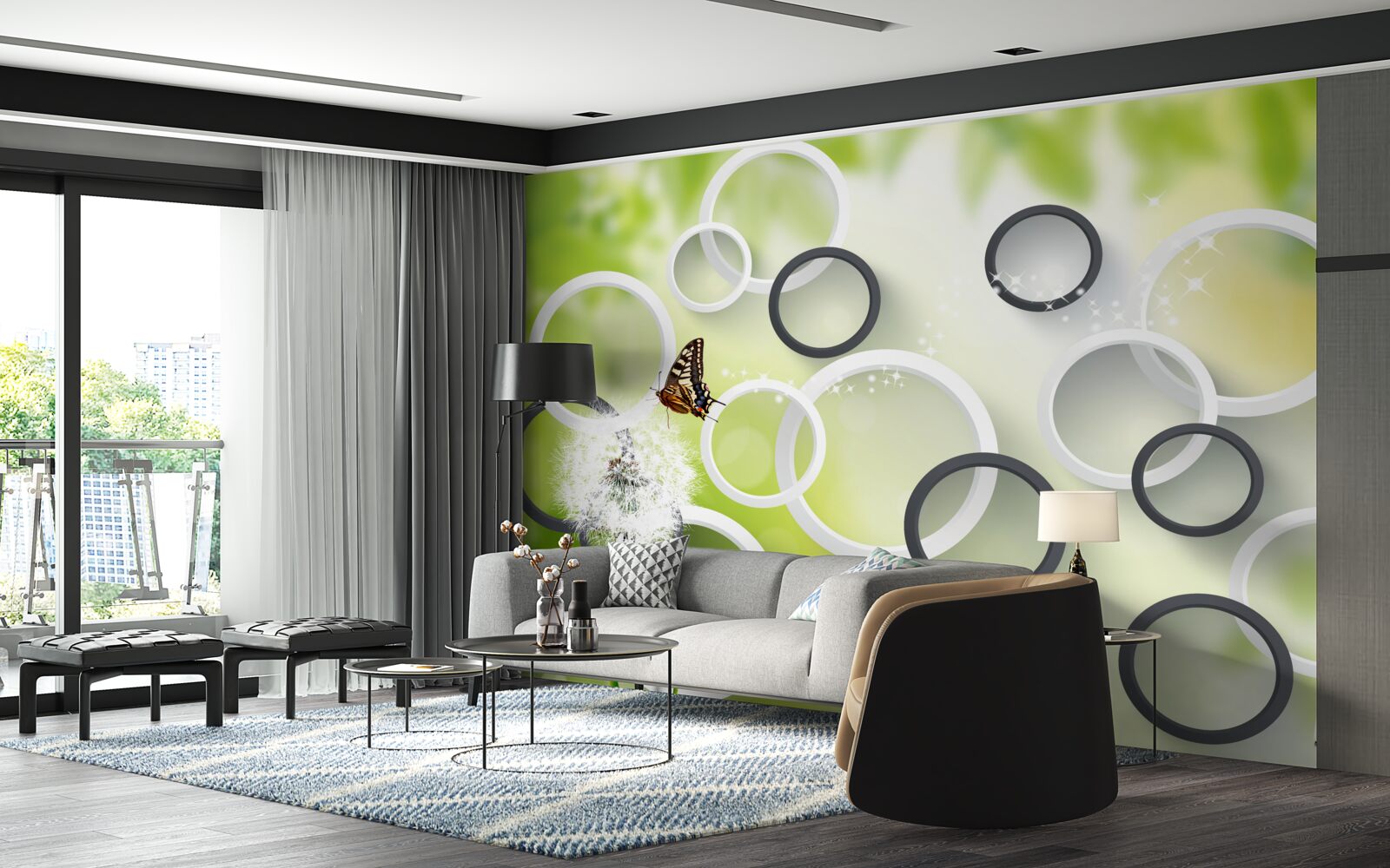 Fotobehang tegen een achtergrond van groene vegetatie zie je wit melkkruid en rusteloze vlinders