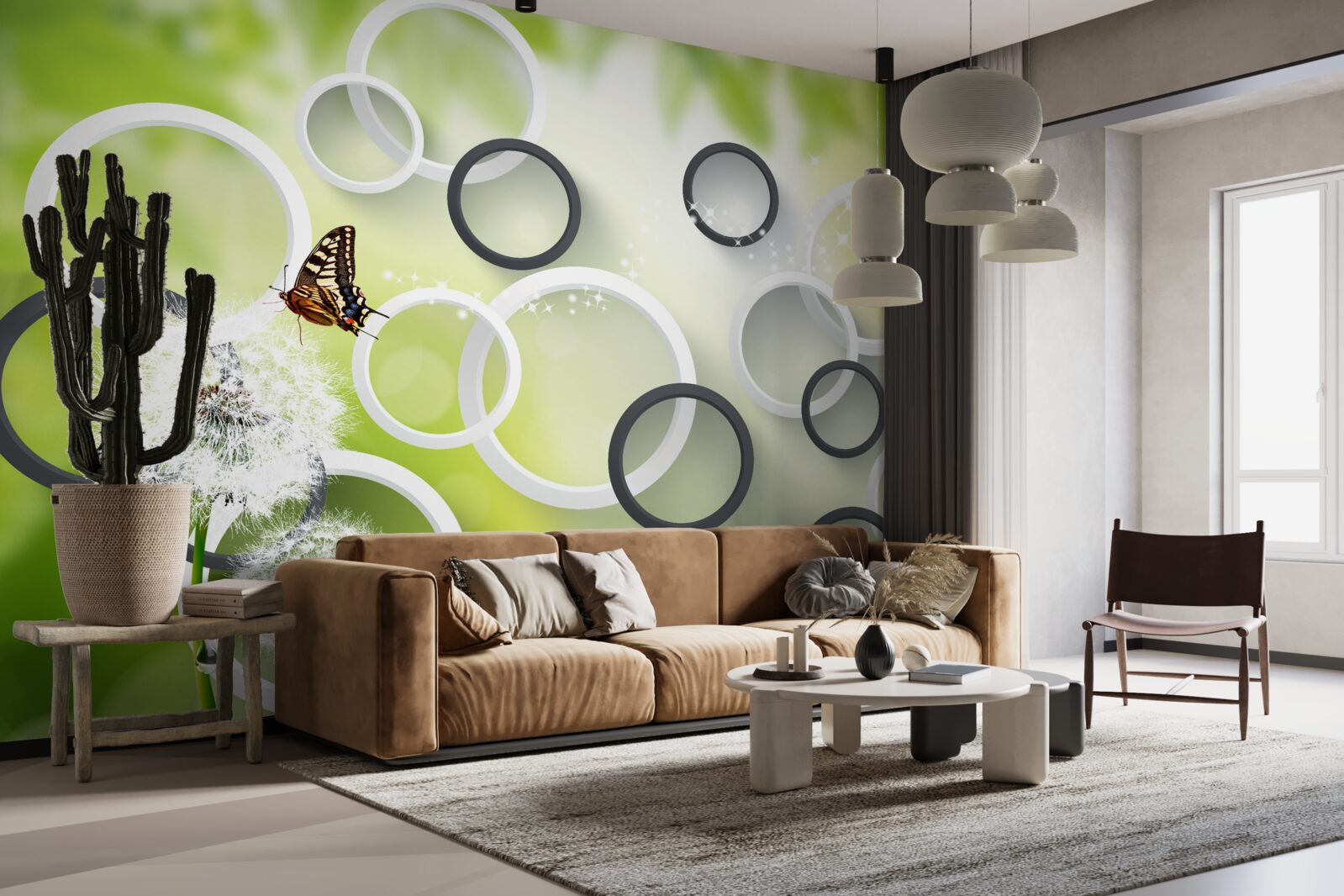 Fotobehang tegen een achtergrond van groene vegetatie zie je wit melkkruid en rusteloze vlinders