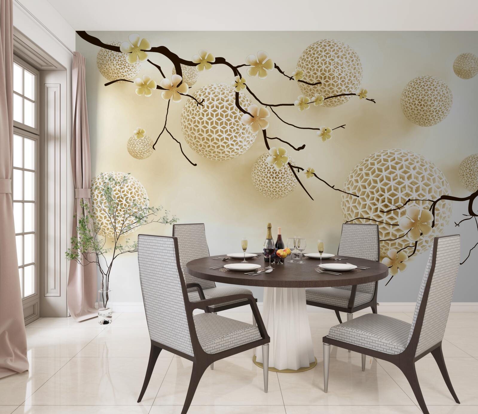 Fotobehang knoppen aan takken en gouden ballen