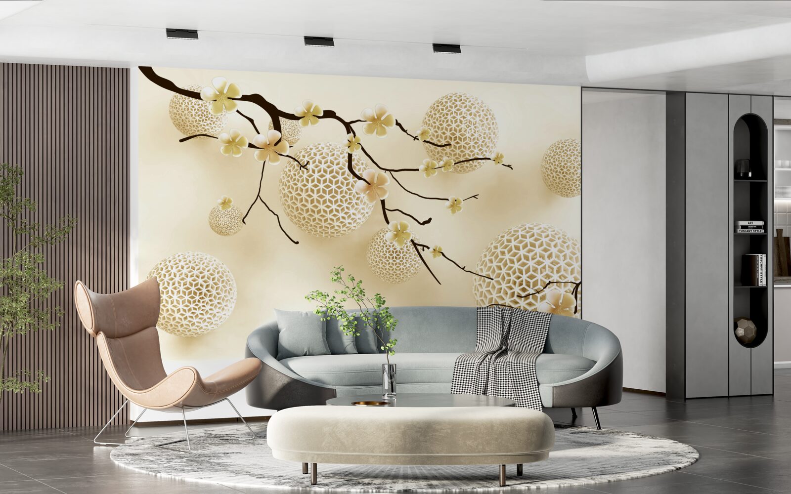 Fotobehang knoppen aan takken en gouden ballen