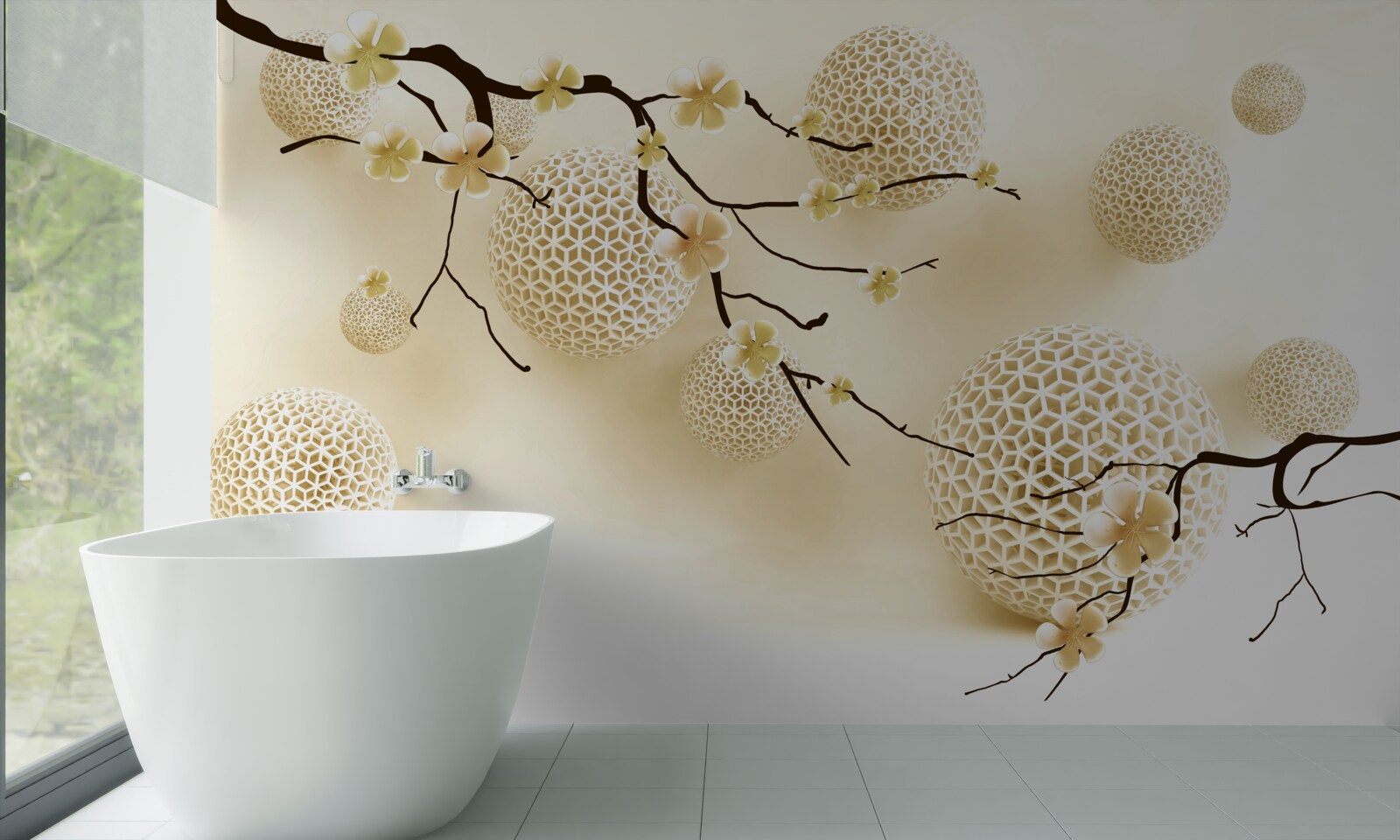 Fotobehang knoppen aan takken en gouden ballen