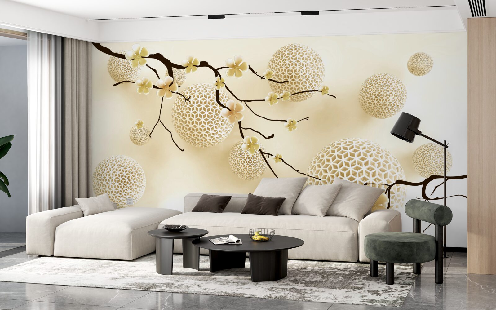 Fotobehang knoppen aan takken en gouden ballen