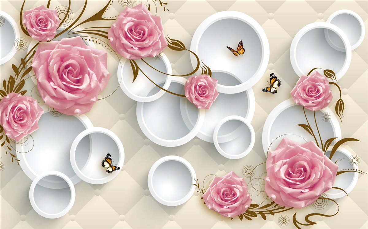 Fotobehang op een geometrische achtergrond een delicate roos in een roze struik