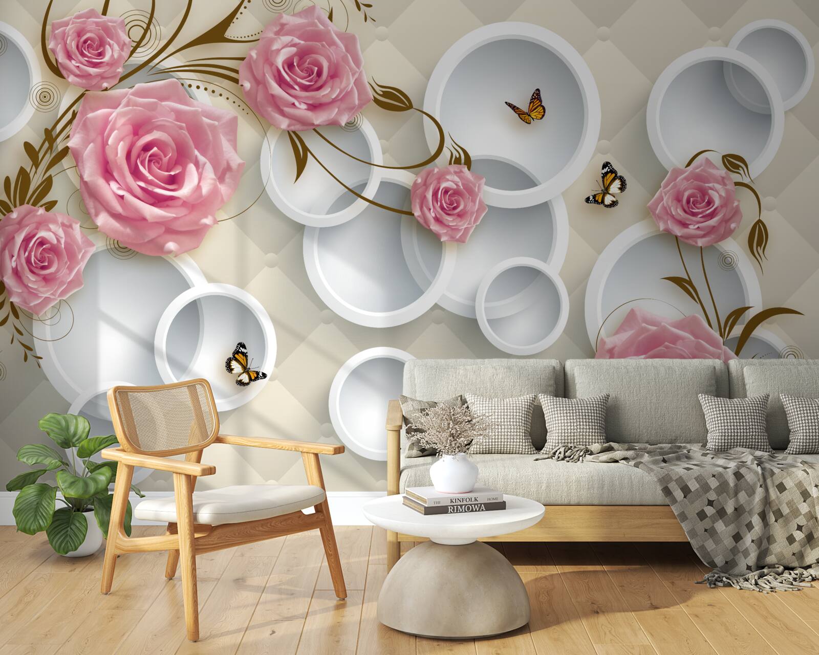 Fotobehang op een geometrische achtergrond een delicate roos in een roze struik