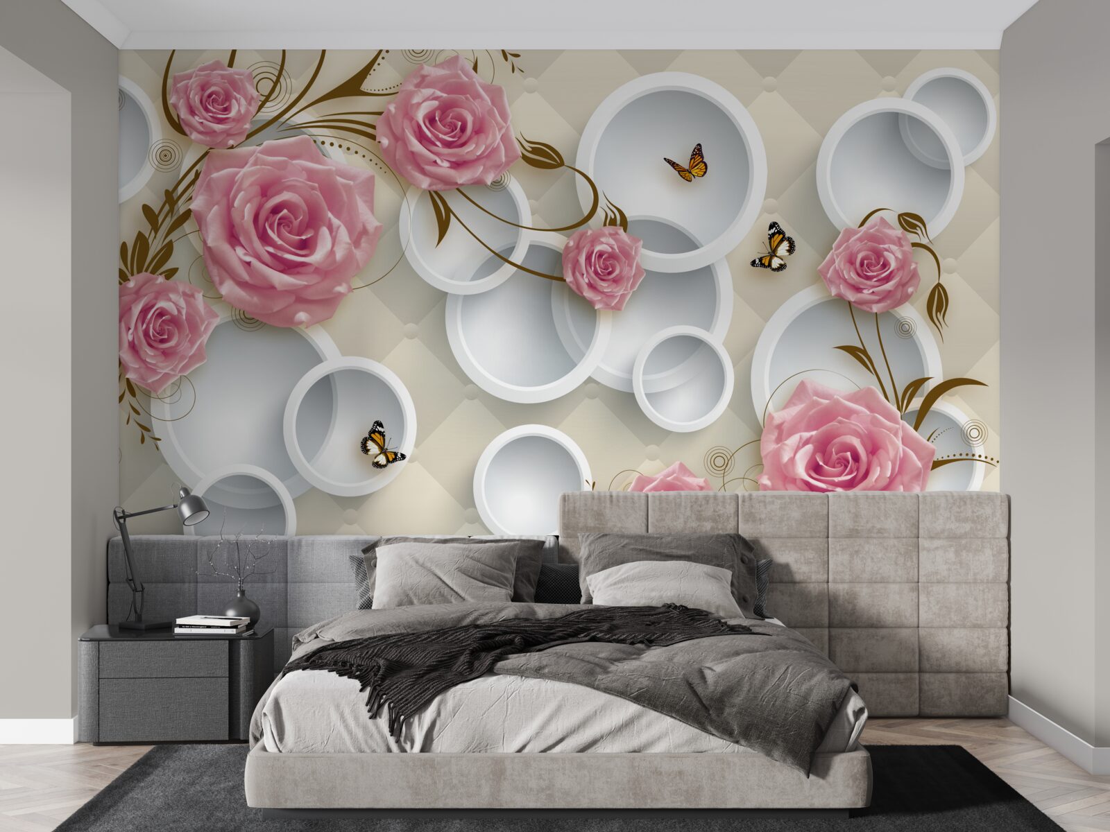 Fotobehang op een geometrische achtergrond een delicate roos in een roze struik