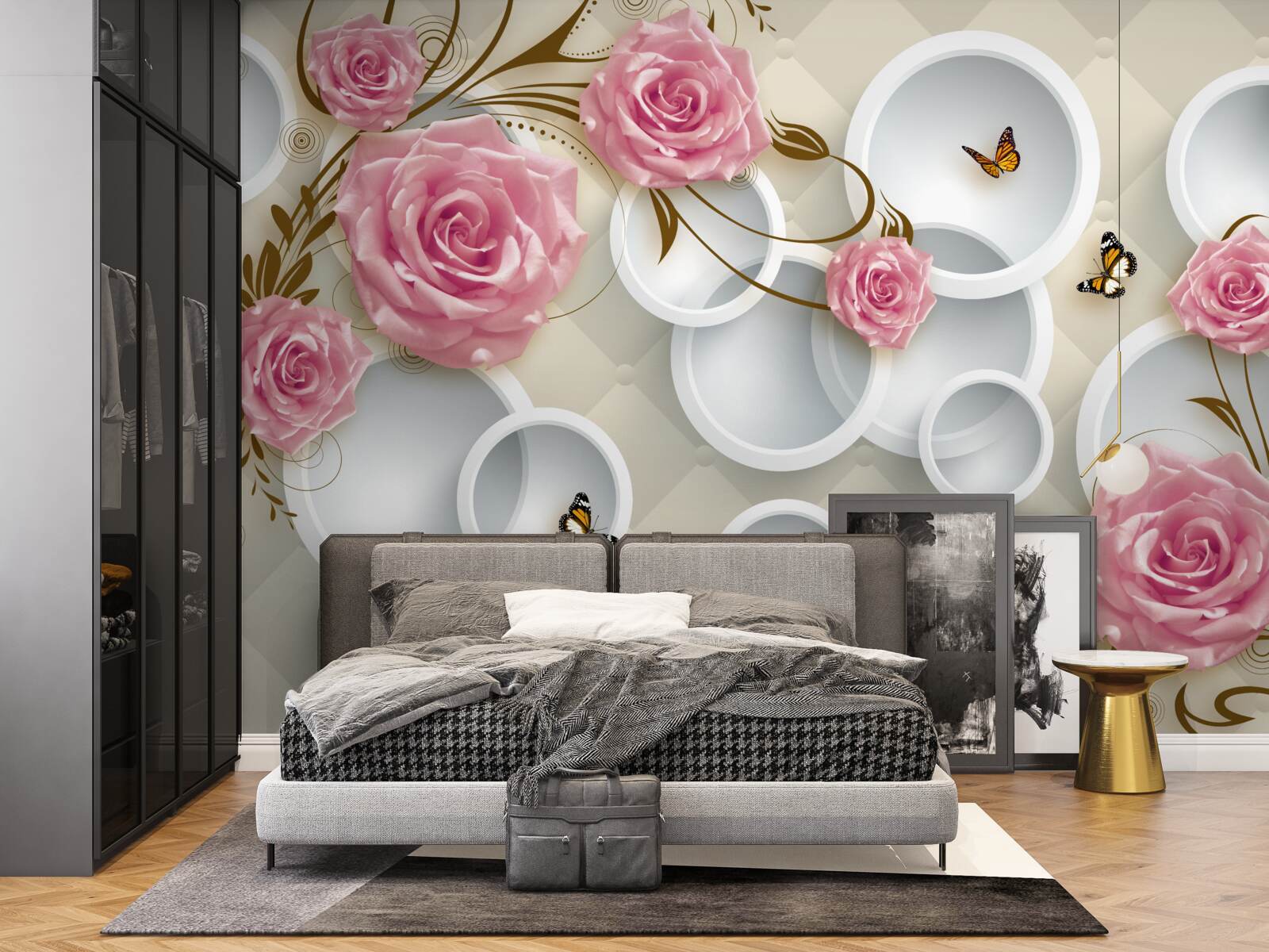 Fotobehang op een geometrische achtergrond een delicate roos in een roze struik