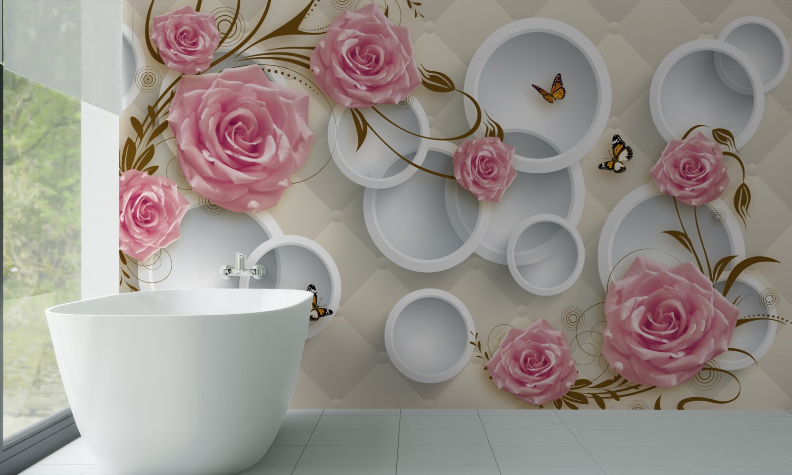 Fotobehang op een geometrische achtergrond een delicate roos in een roze struik