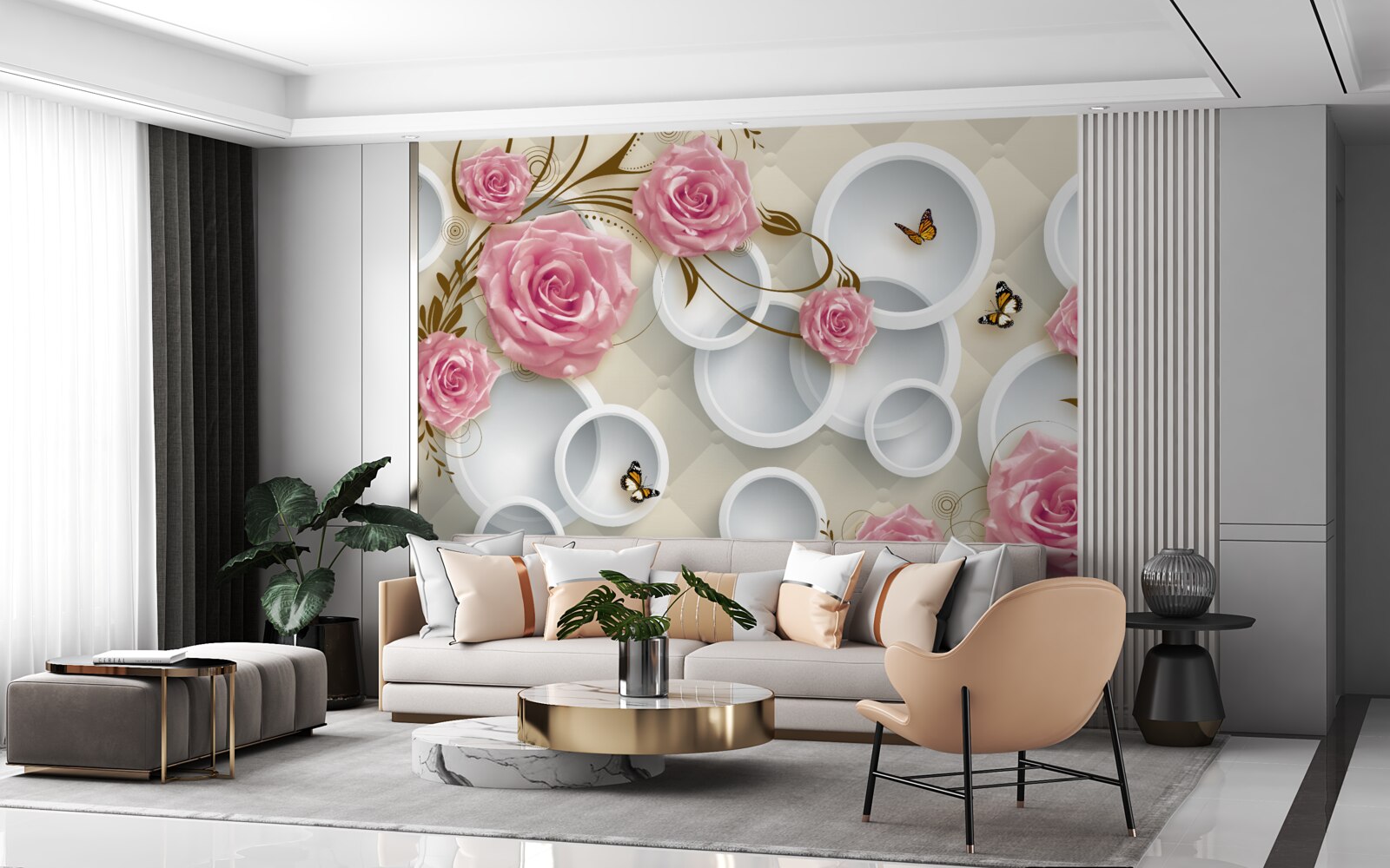 Fotobehang op een geometrische achtergrond een delicate roos in een roze struik