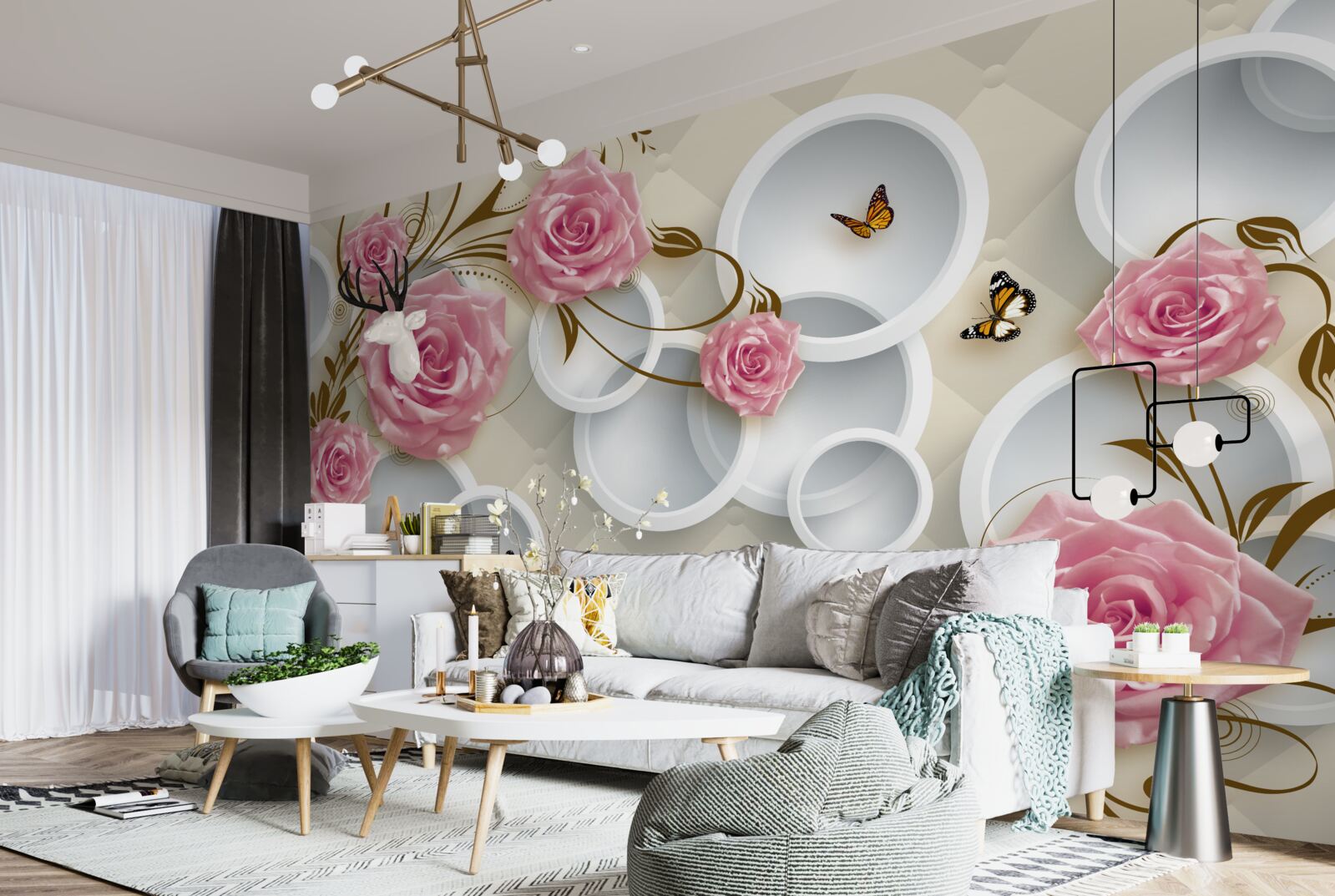 Fotobehang op een geometrische achtergrond een delicate roos in een roze struik