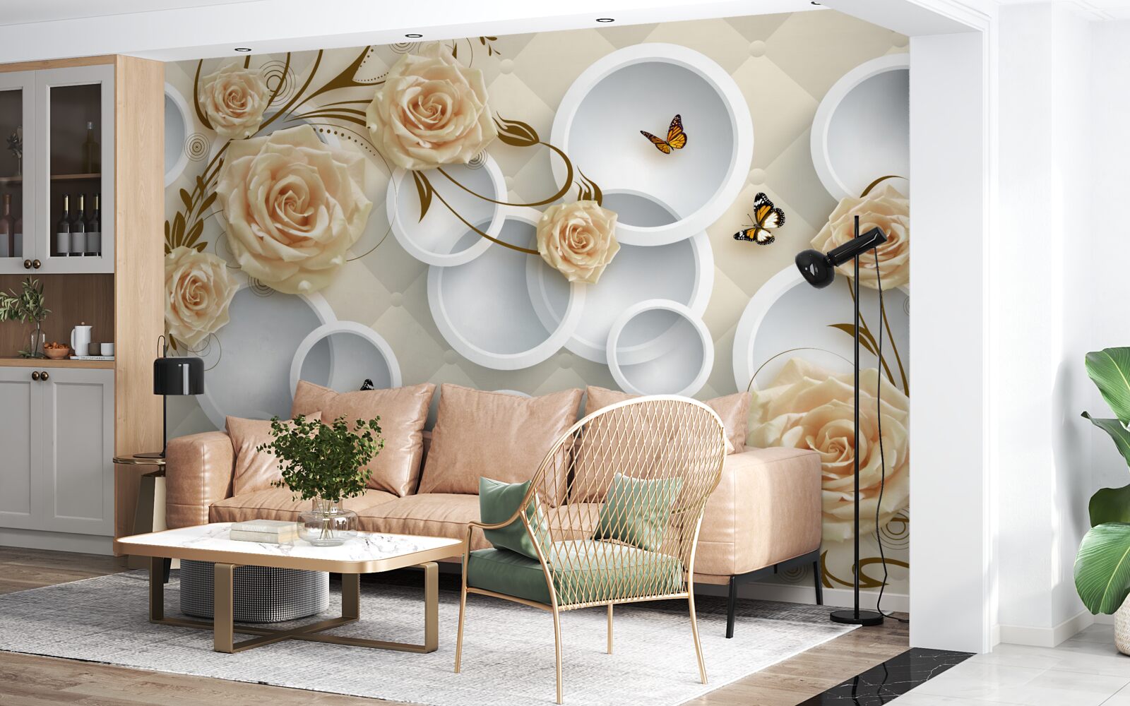 Fotobehang roze bronzen takjes met gouddecoratie