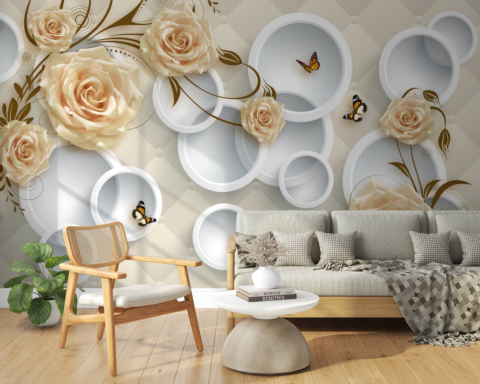 Fotobehang roze bronzen takjes met gouddecoratie