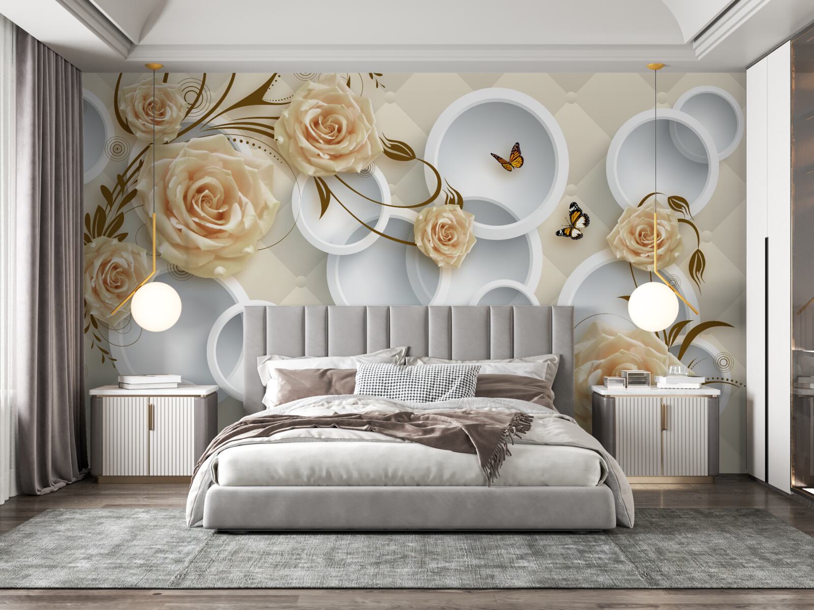 Fotobehang roze bronzen takjes met gouddecoratie