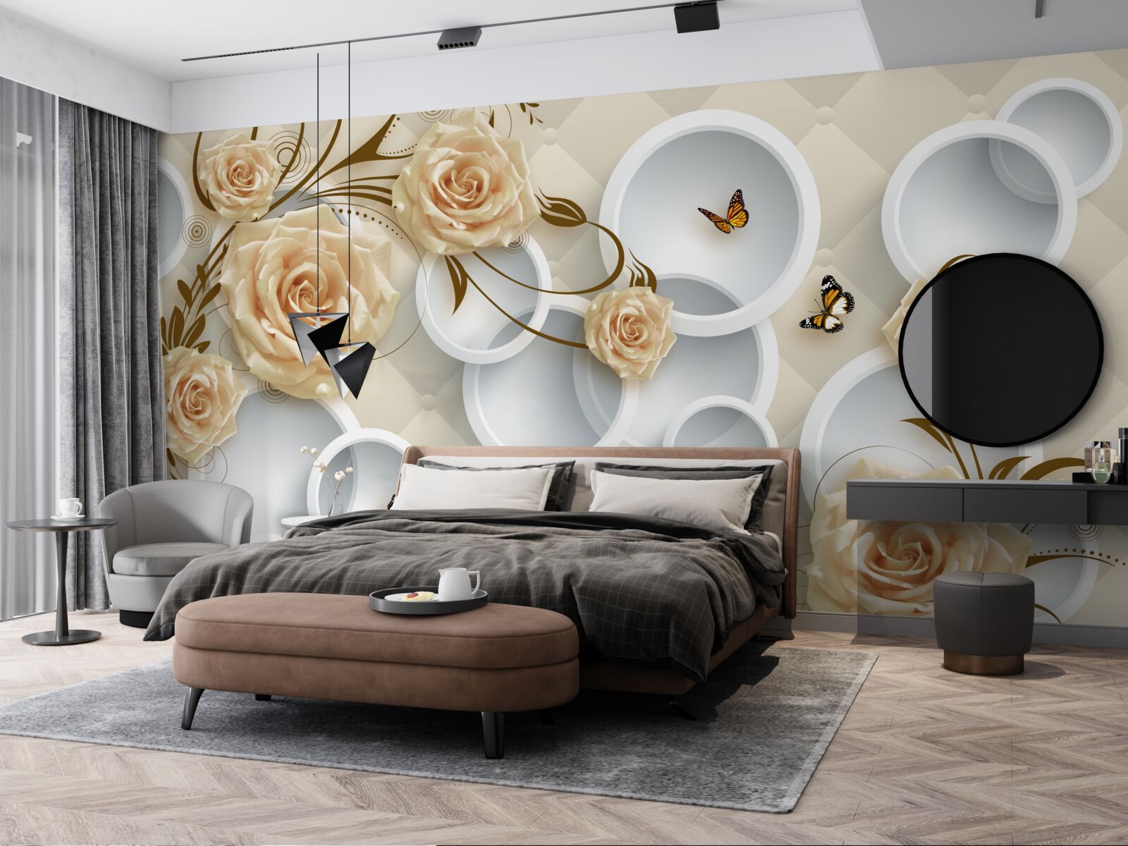 Fotobehang roze bronzen takjes met gouddecoratie