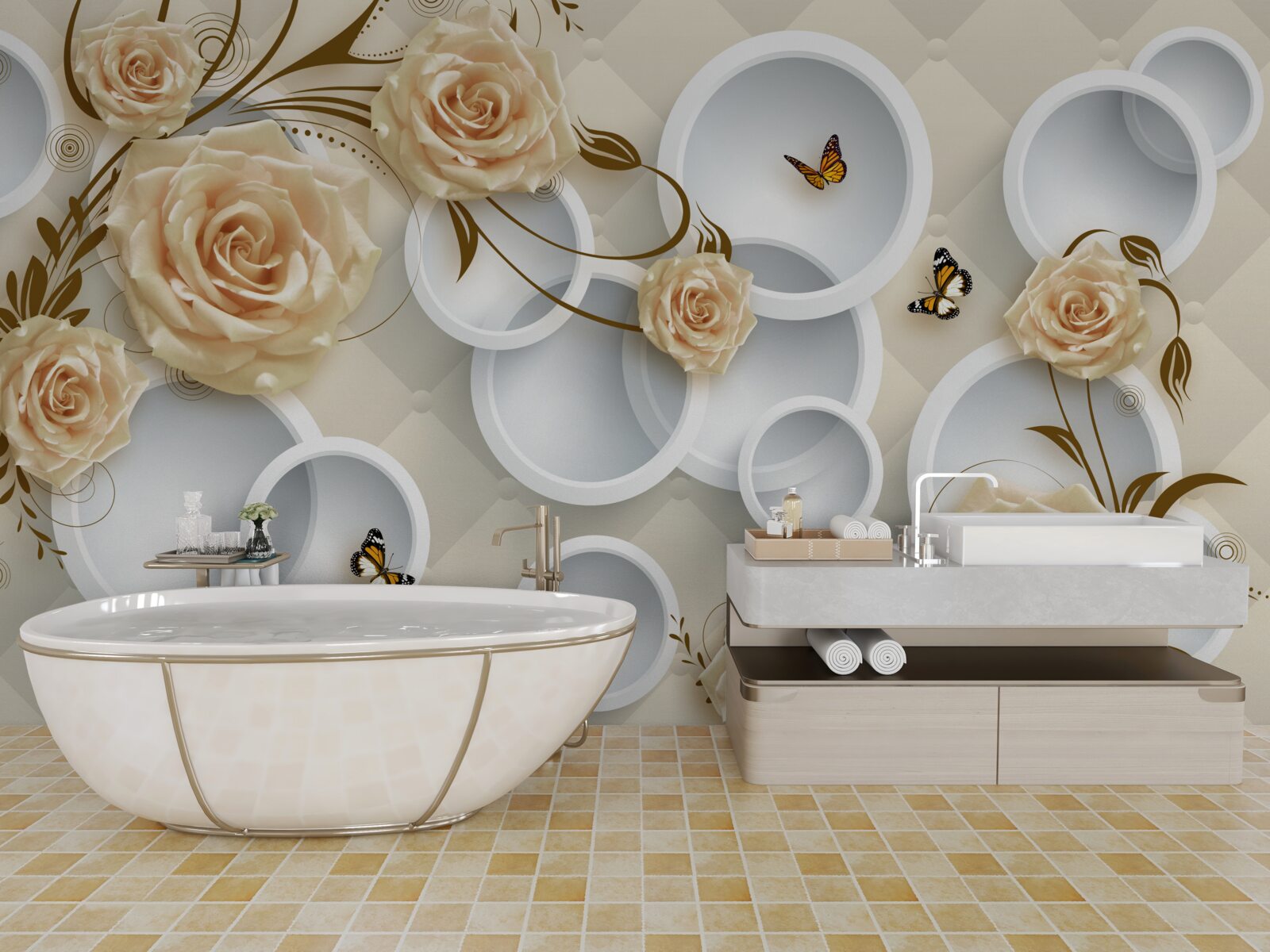 Fotobehang roze bronzen takjes met gouddecoratie