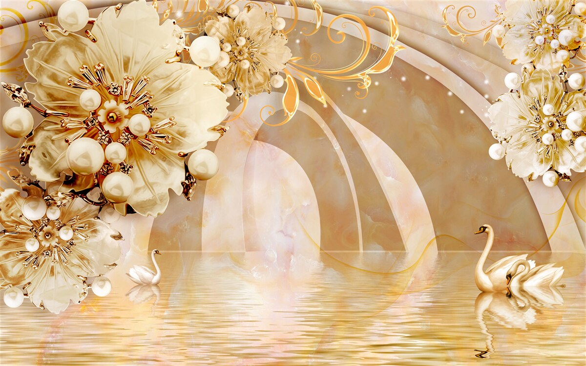 Fotobehang een meer glinsterend van goud, waarin zwanen zwemmen en bloemen groeien