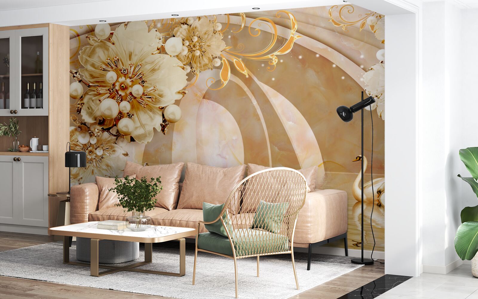 Fotobehang een meer glinsterend van goud, waarin zwanen zwemmen en bloemen groeien