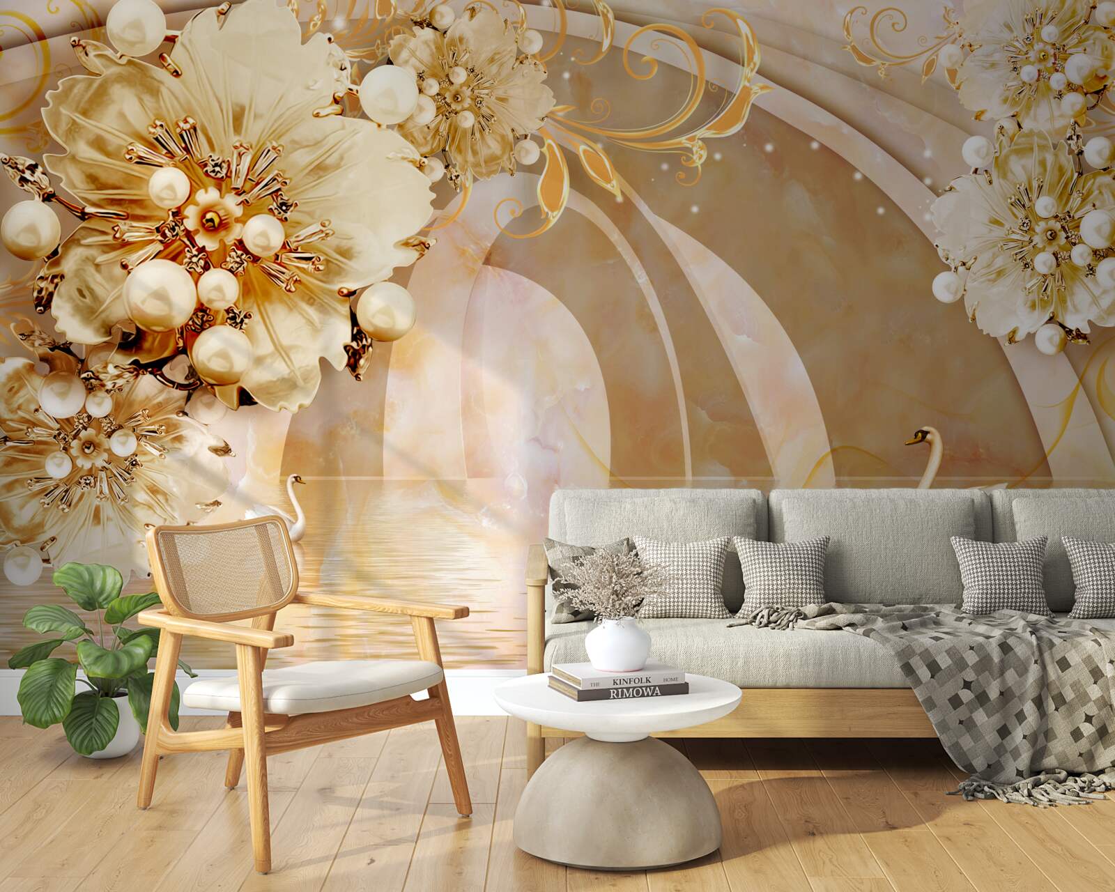 Fotobehang een meer glinsterend van goud, waarin zwanen zwemmen en bloemen groeien