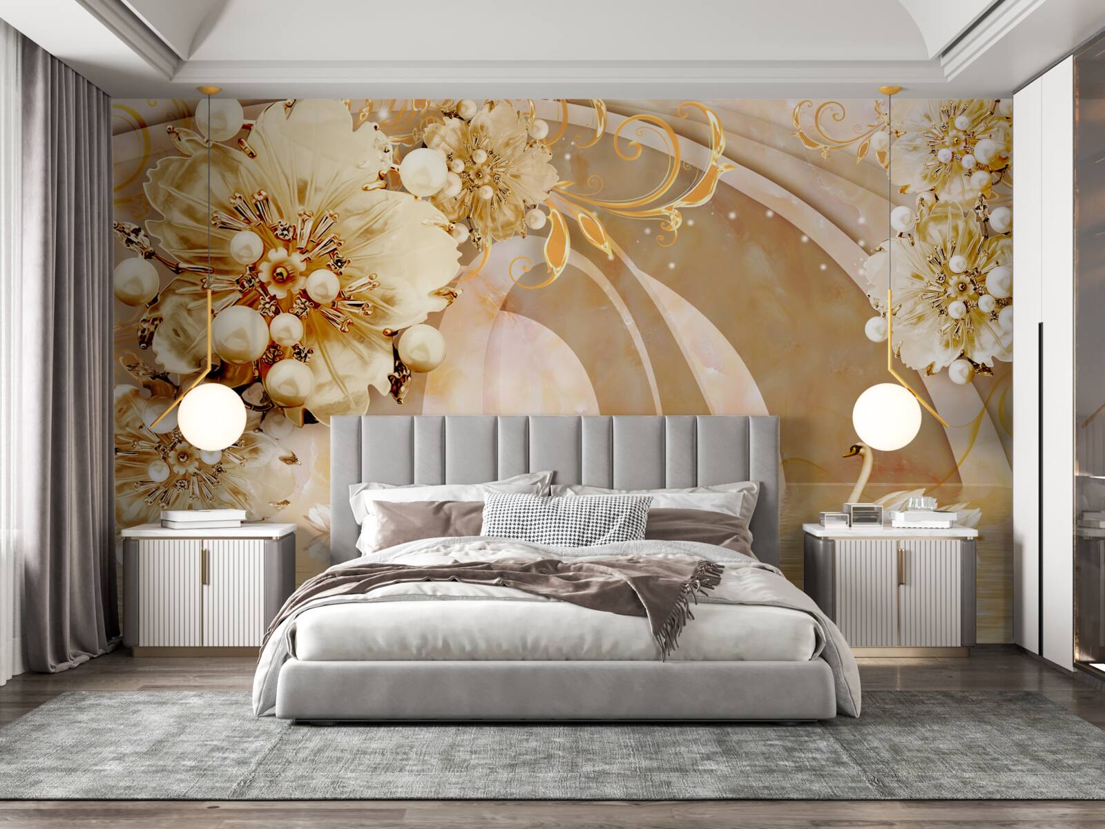 Fotobehang een meer glinsterend van goud, waarin zwanen zwemmen en bloemen groeien