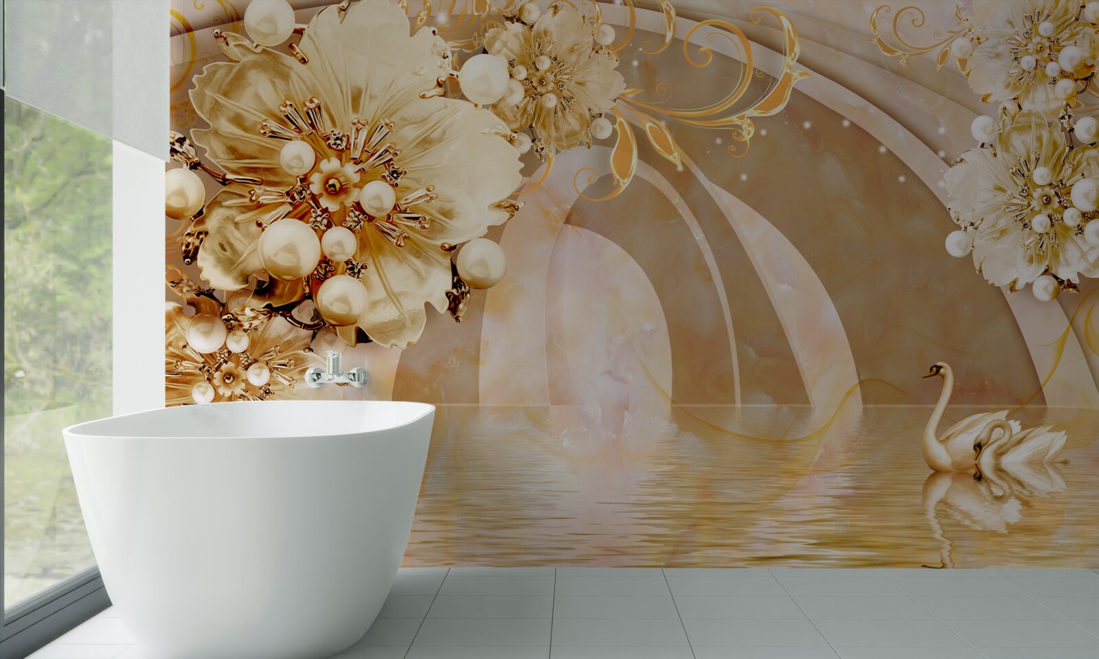 Fotobehang een meer glinsterend van goud, waarin zwanen zwemmen en bloemen groeien