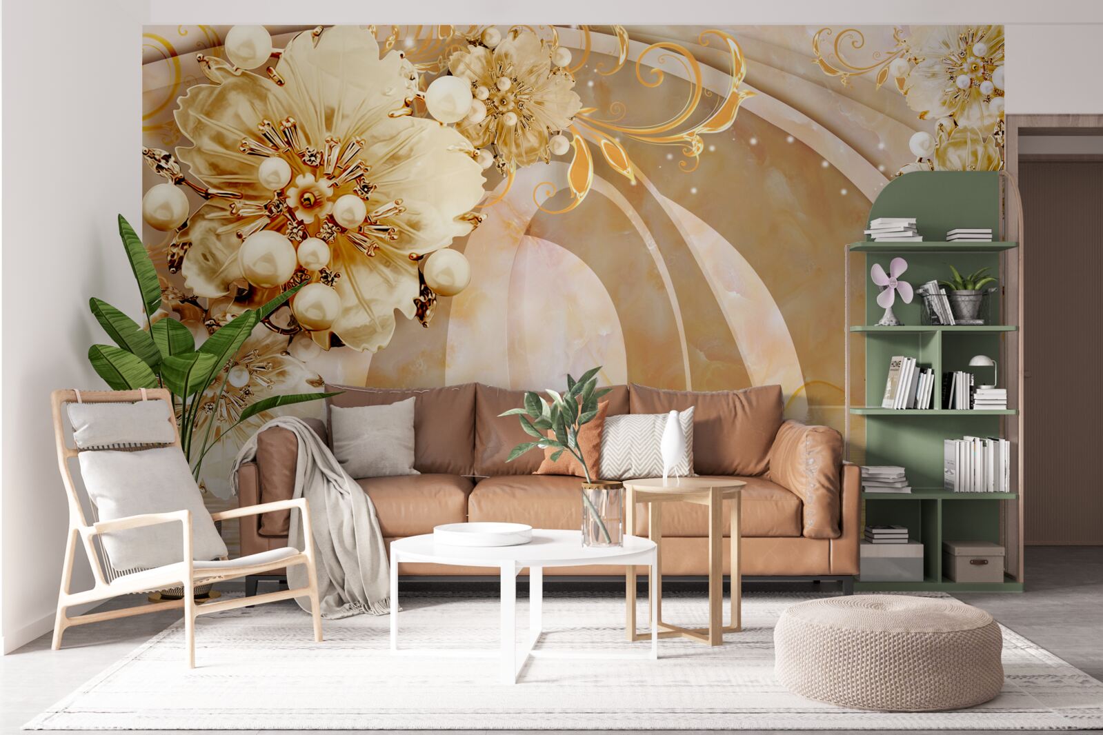 Fotobehang een meer glinsterend van goud, waarin zwanen zwemmen en bloemen groeien