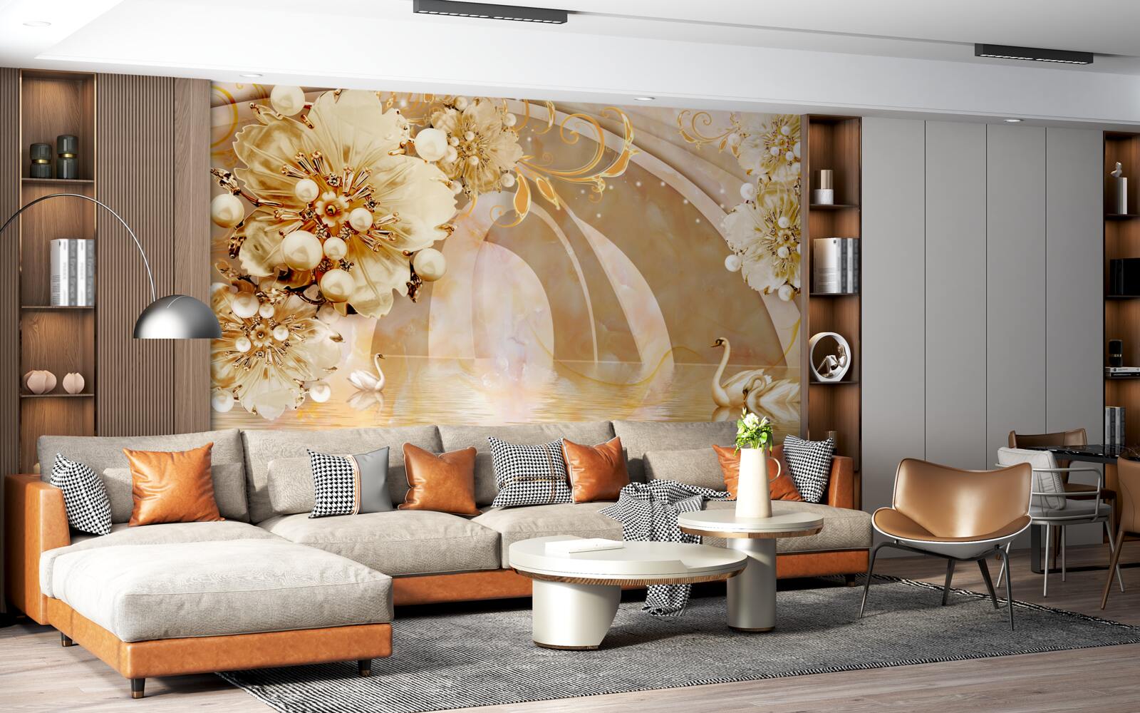 Fotobehang een meer glinsterend van goud, waarin zwanen zwemmen en bloemen groeien