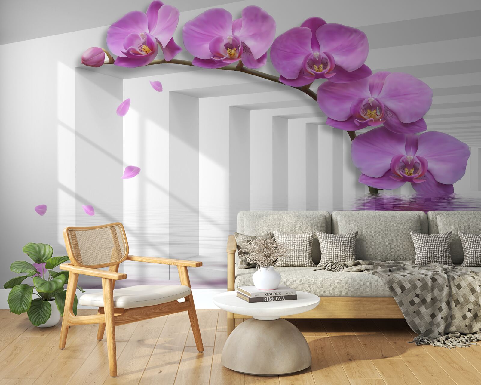 Fotobehang lila orchidee op een tak omringd door witte bogen