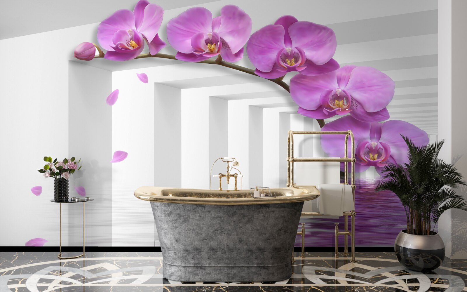 Fotobehang lila orchidee op een tak omringd door witte bogen