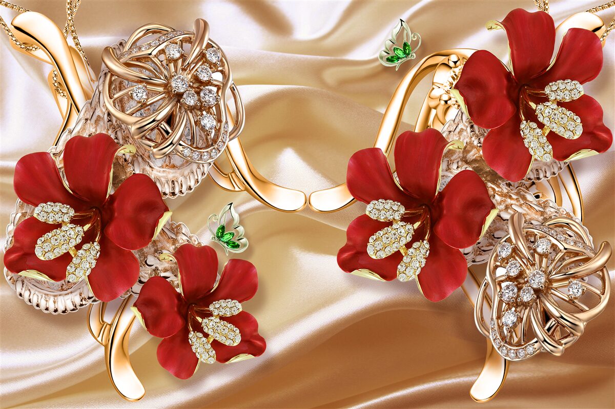 Fotobehang rode knoppen versierd met decoratieve elementen op goudzijde