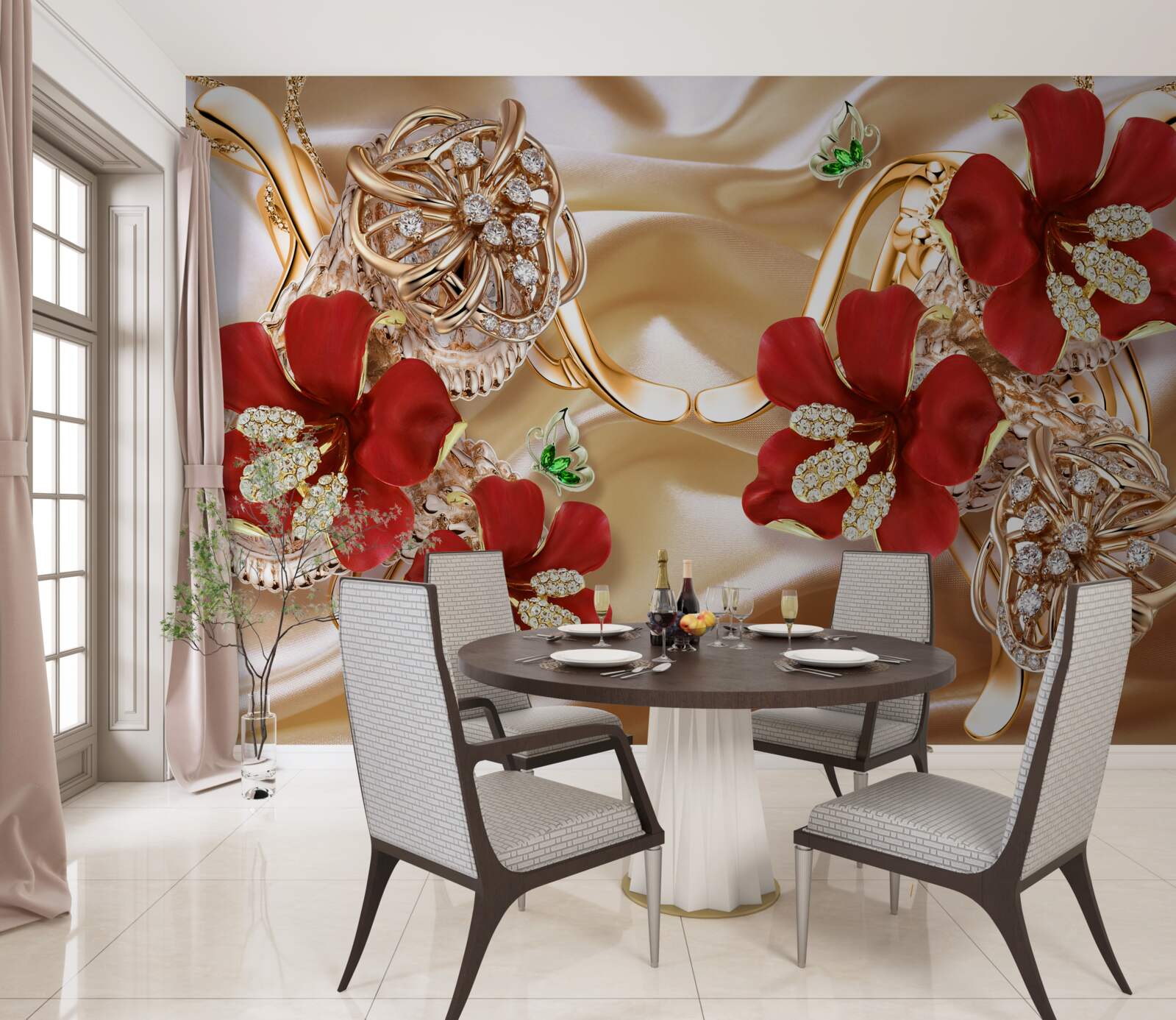 Fotobehang rode knoppen versierd met decoratieve elementen op goudzijde