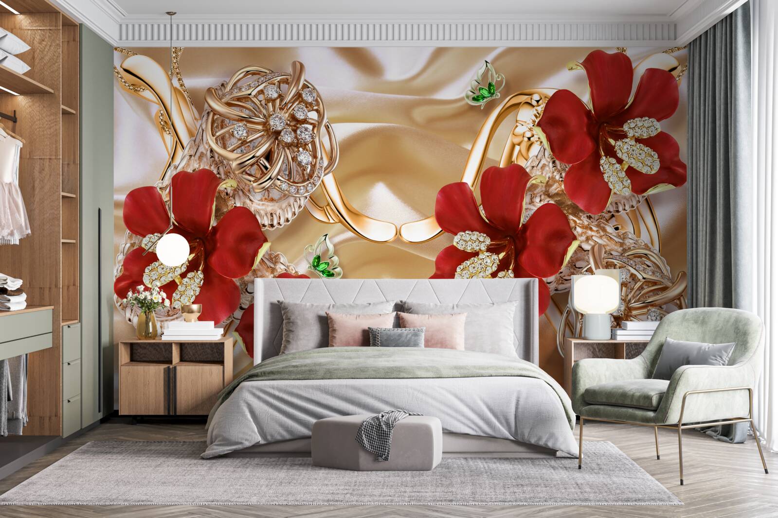 Fotobehang rode knoppen versierd met decoratieve elementen op goudzijde