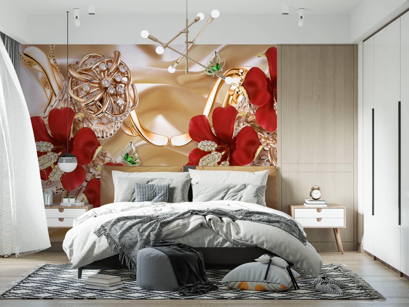 Fotobehang rode knoppen versierd met decoratieve elementen op goudzijde