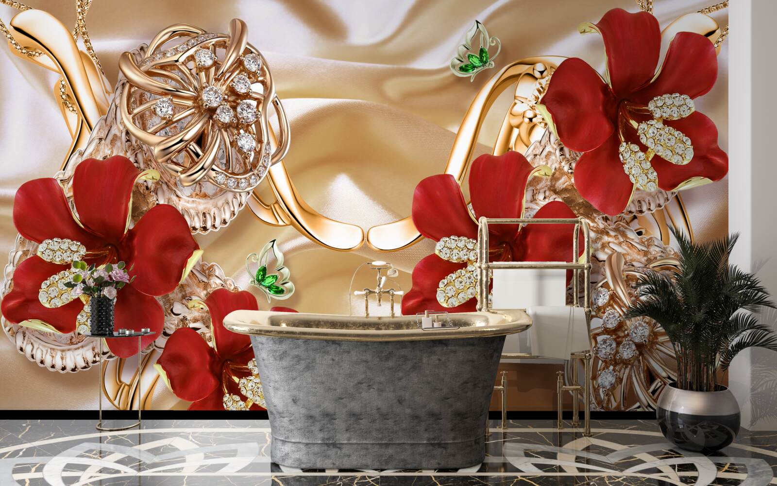 Fotobehang rode knoppen versierd met decoratieve elementen op goudzijde