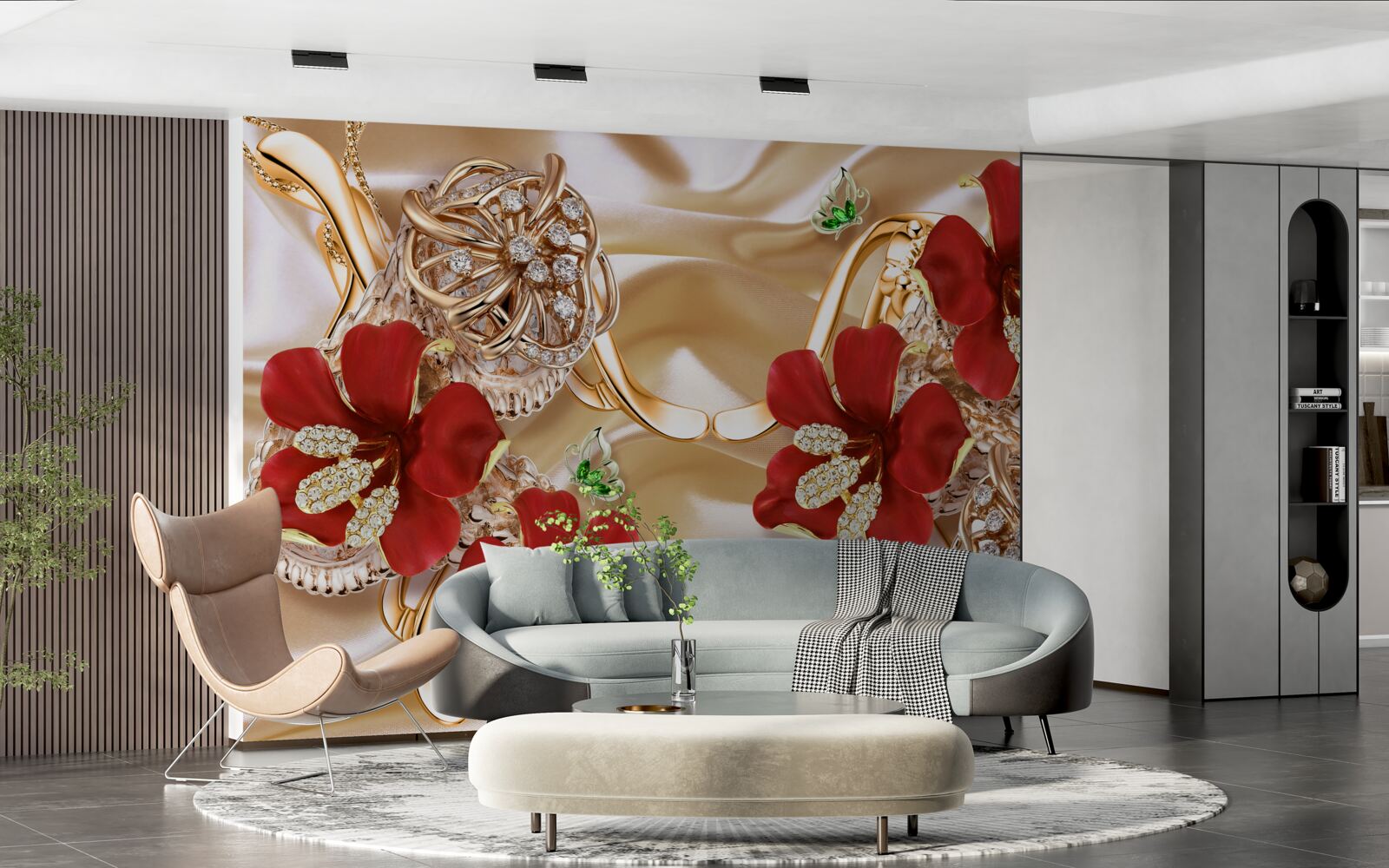 Fotobehang rode knoppen versierd met decoratieve elementen op goudzijde