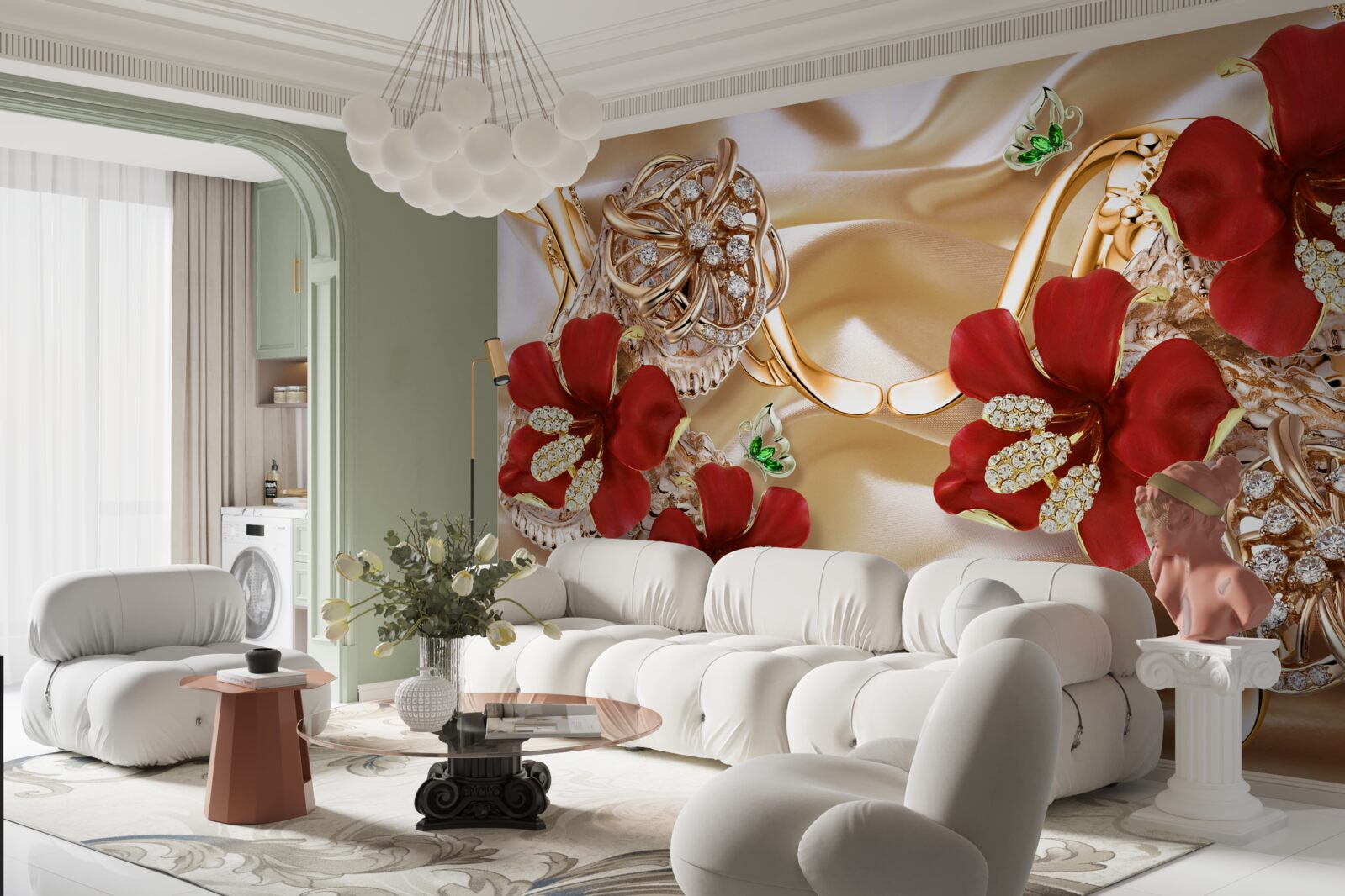 Fotobehang rode knoppen versierd met decoratieve elementen op goudzijde