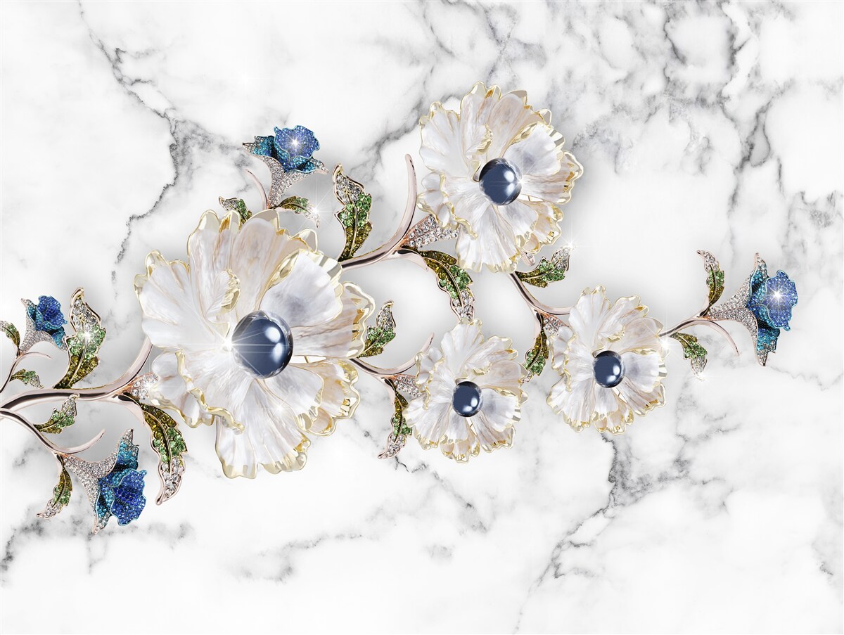 Fotobehang het marmer is versierd met witte bloemen met parels