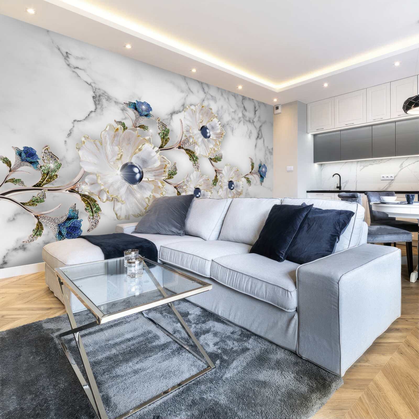 Fotobehang het marmer is versierd met witte bloemen met parels