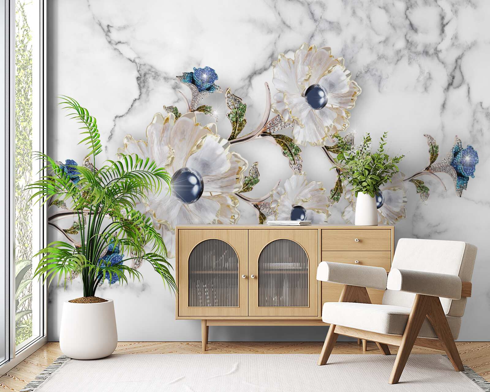 Fotobehang het marmer is versierd met witte bloemen met parels